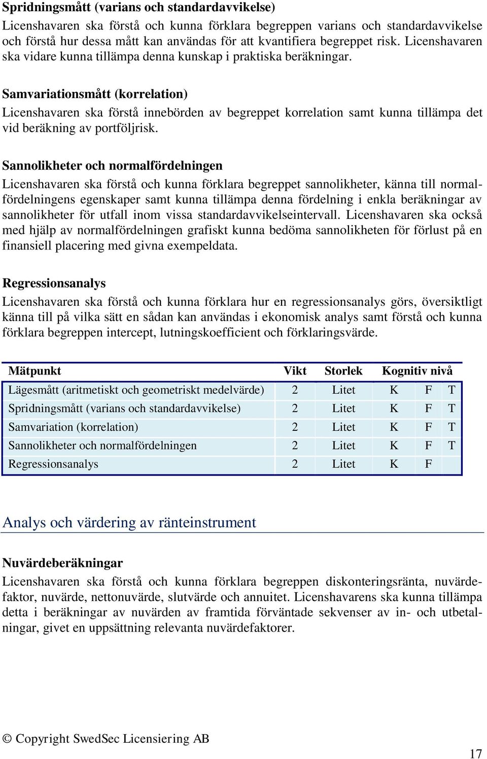 Samvariationsmått (korrelation) Licenshavaren ska förstå innebörden av begreppet korrelation samt kunna tillämpa det vid beräkning av portföljrisk.