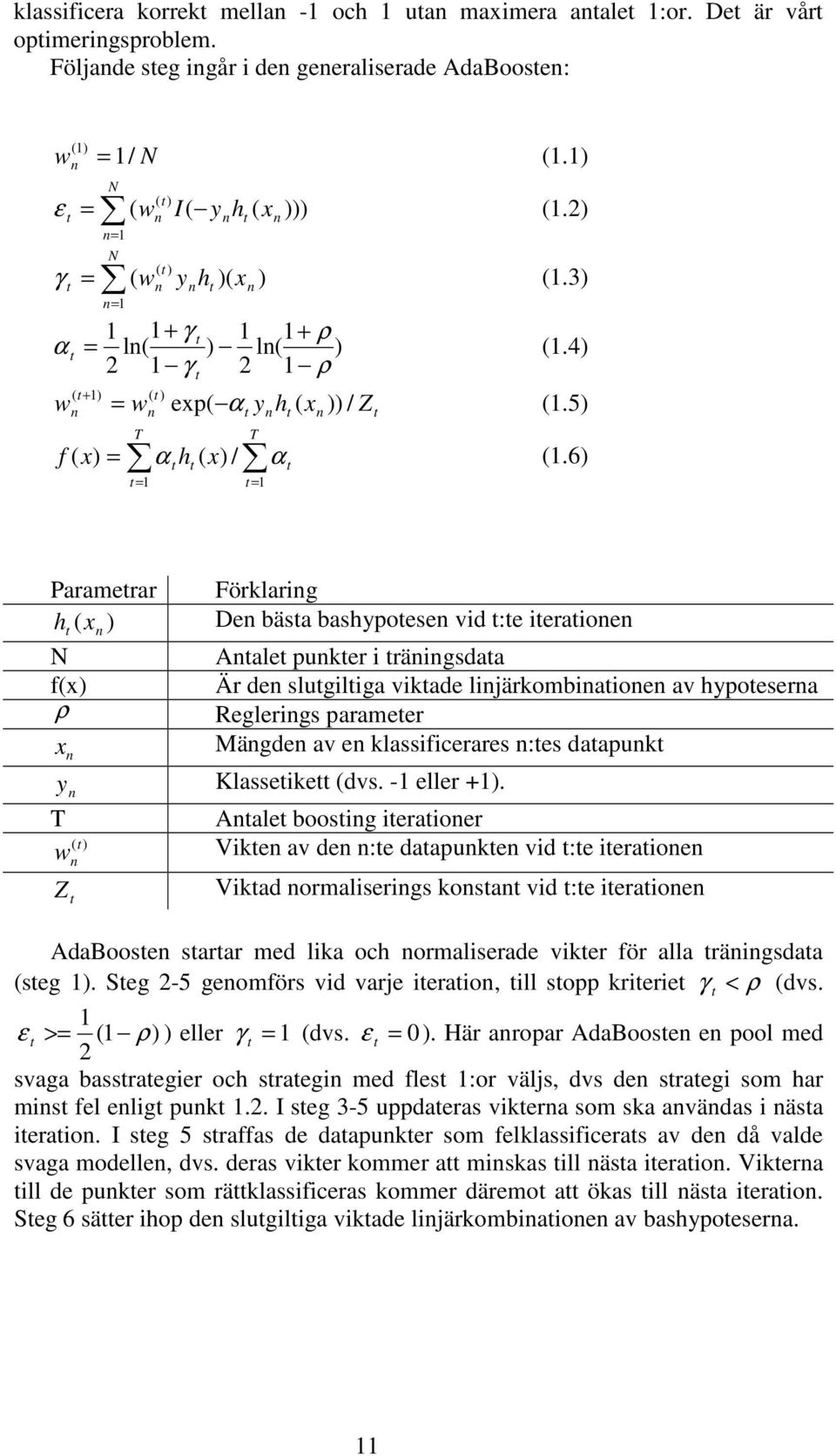 6) Paramerar Förklaring h x ) Den bäsa bashypoesen vid :e ieraionen ( n N f(x) ρ x n n Anale punker i räningsdaa Är den slugiliga vikade linjärkombinaionen av hypoeserna Reglerings parameer Mängden