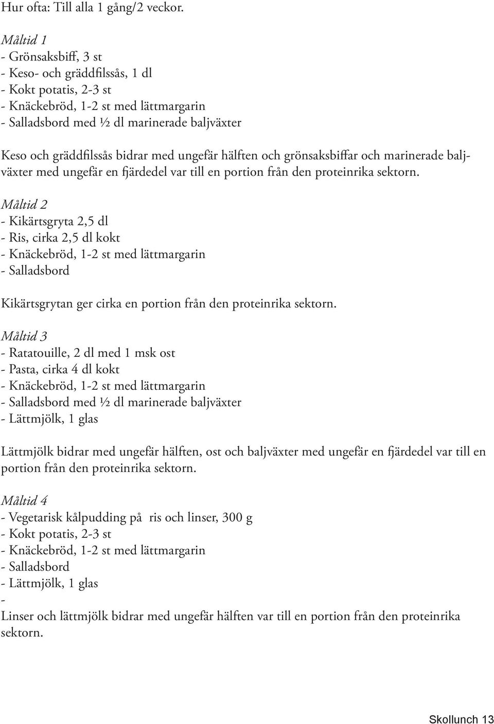 ungefär hälften och grönsaksbiffar och marinerade baljväxter med ungefär en fjärdedel var till en portion från den proteinrika sektorn.