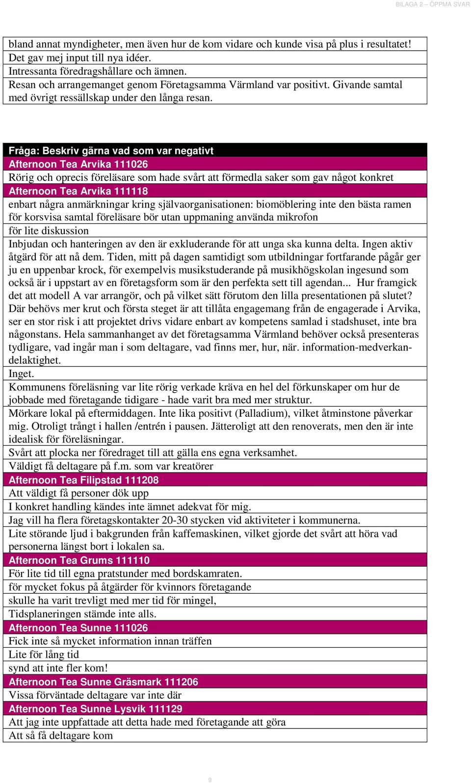 Fråga: Beskriv gärna vad som var negativt Afternoon Tea Arvika 111026 Rörig och oprecis föreläsare som hade svårt att förmedla saker som gav något konkret Afternoon Tea Arvika 111118 enbart några