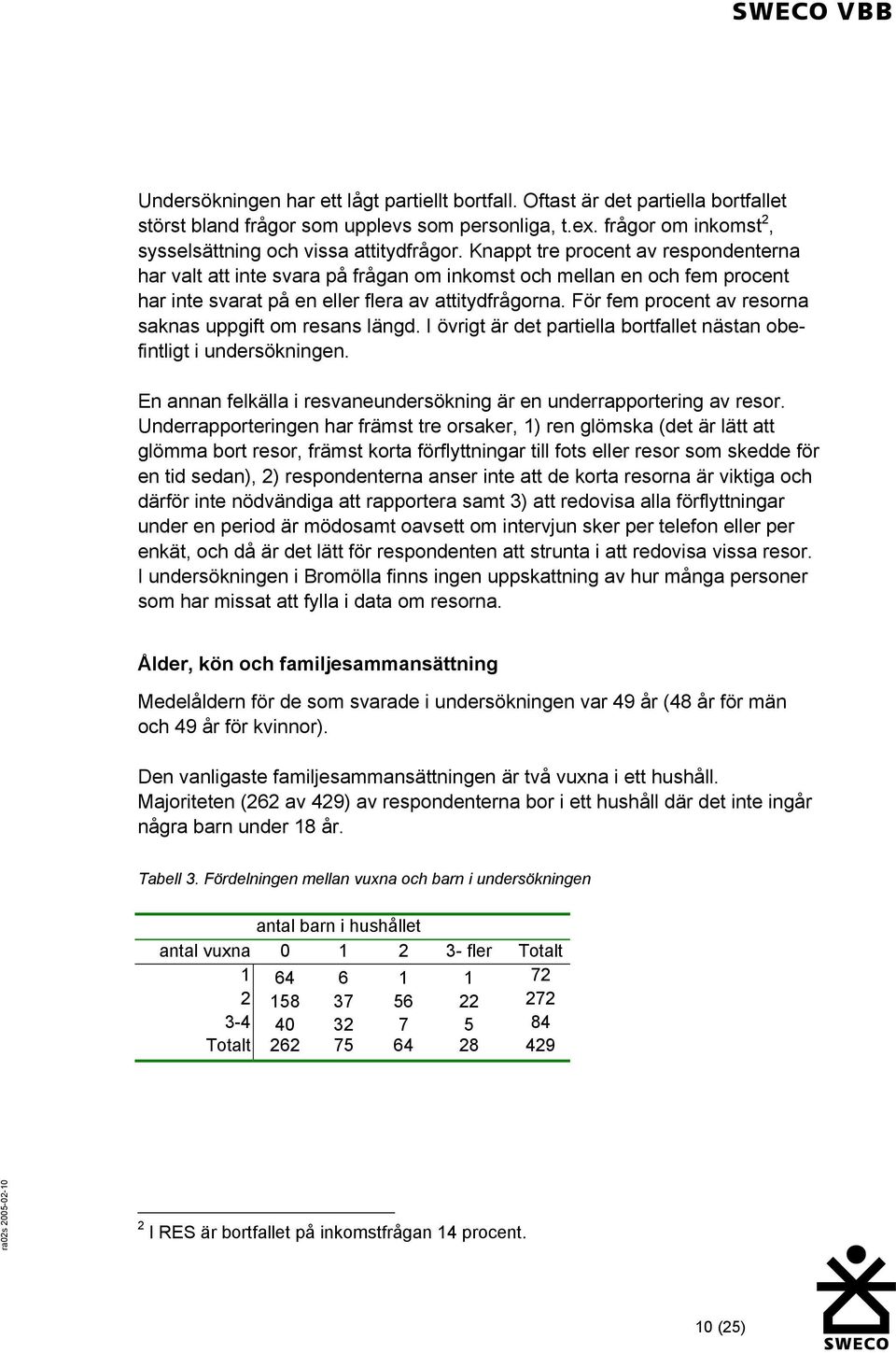 För fem procent av resorna saknas uppgift om resans längd. I övrigt är det partiella bortfallet nästan obefintligt i undersökningen.