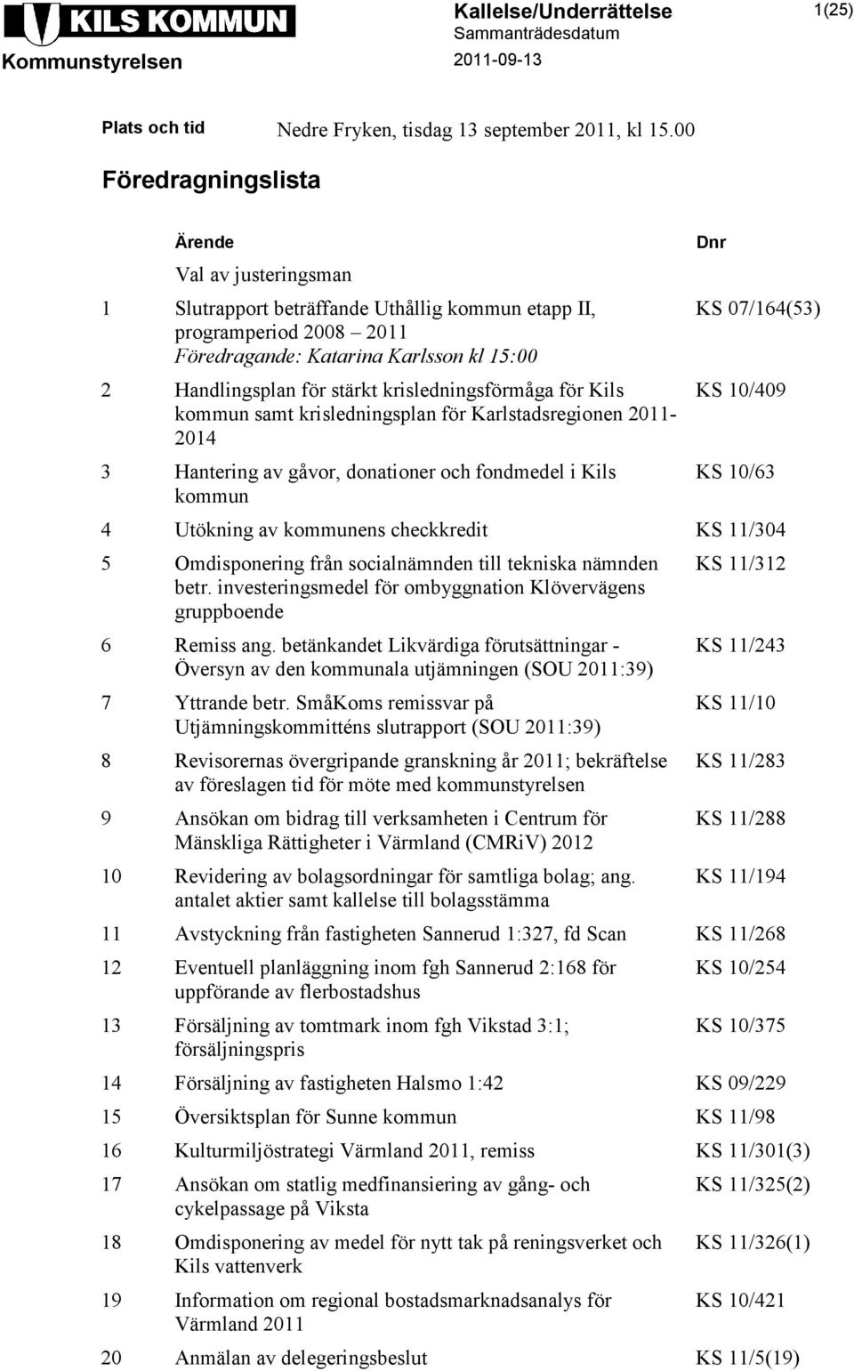 krisledningsförmåga för Kils kommun samt krisledningsplan för Karlstadsregionen 2011-2014 3 Hantering av gåvor, donationer och fondmedel i Kils kommun Dnr KS 07/164(53) KS 10/409 KS 10/63 4 Utökning