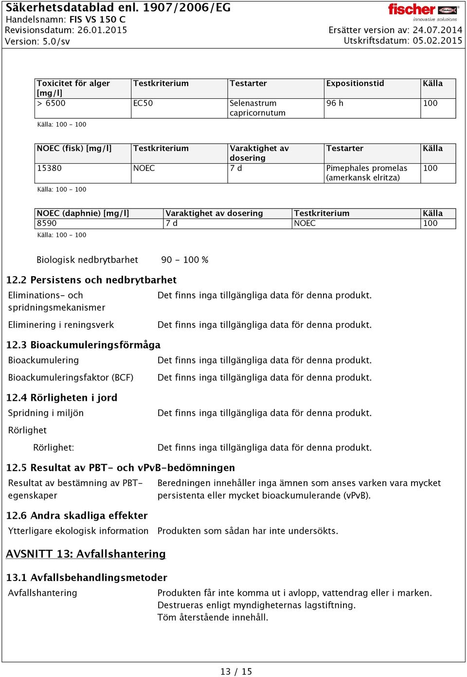 2 Persistens och nedbrytbarhet Eliminations- och spridningsmekanismer Det finns inga tillgängliga data för denna produkt. Eliminering i reningsverk Det finns inga tillgängliga data för denna produkt.