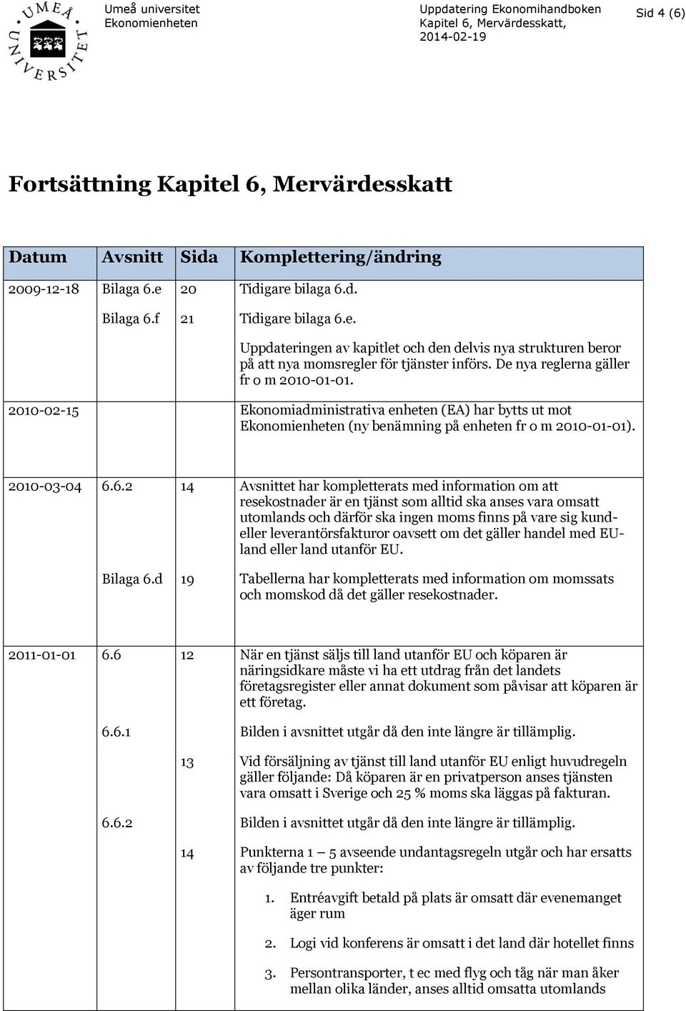 6.2 14 Avsnittet har kompletterats med information om att resekostnader är en tjänst som alltid ska anses vara omsatt utomlands och därför ska ingen moms finns på vare sig kundeller