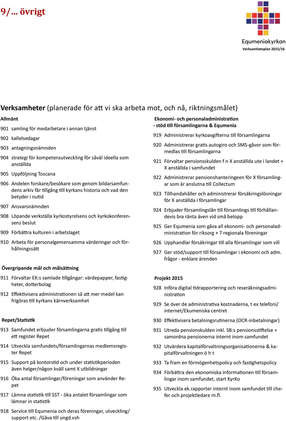 kyrkokonferensens beslut 909 Förbättra kulturen i arbetslaget 910 Arbeta för personalgemensamma värderingar och förhållningssätt Övergripande mål och målsättning 911 Förvaltar EK:s samlade