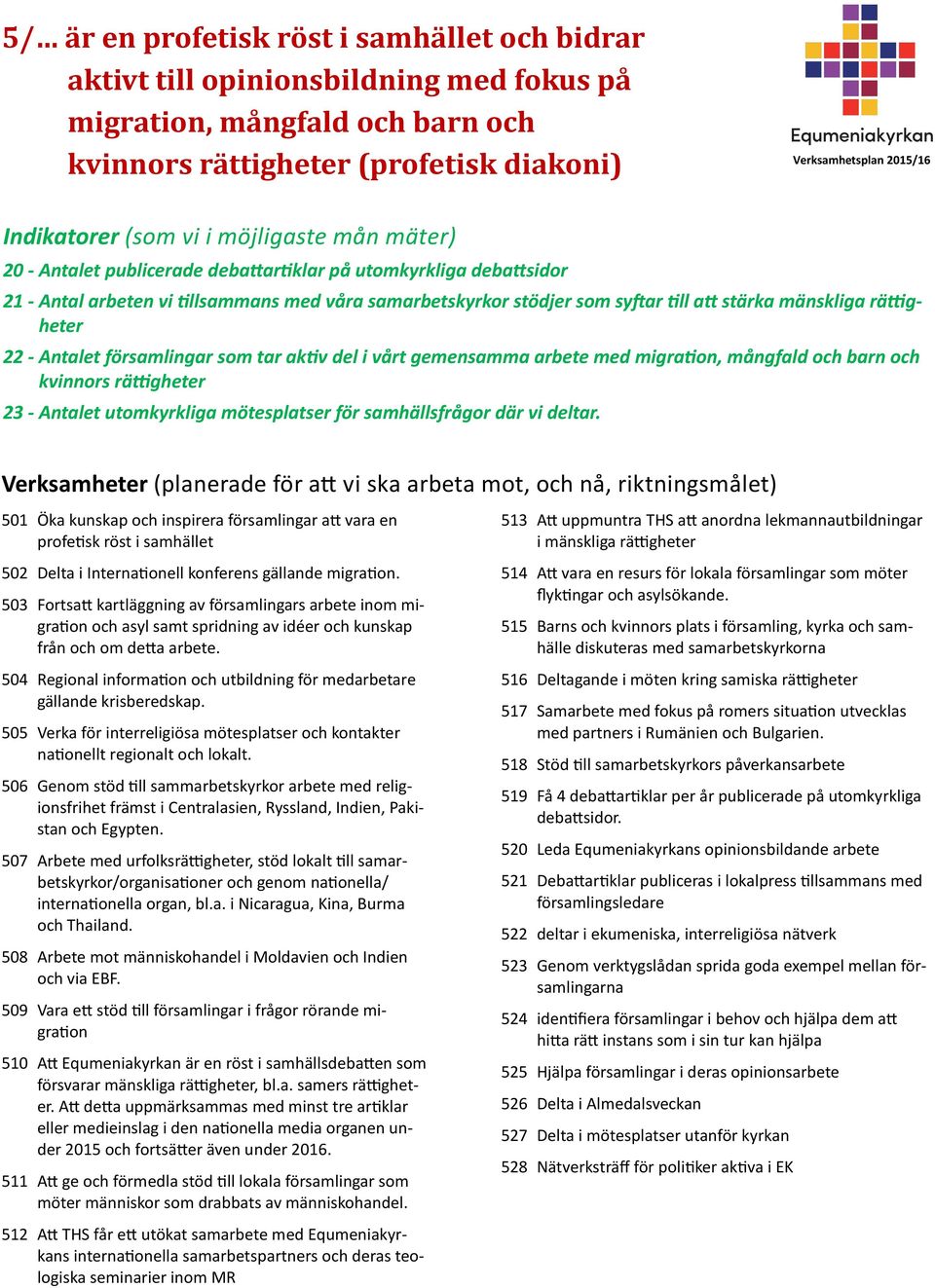 del i vårt gemensamma arbete med migration, mångfald och barn och kvinnors rättigheter 23 - Antalet utomkyrkliga mötesplatser för samhällsfrågor där vi deltar.