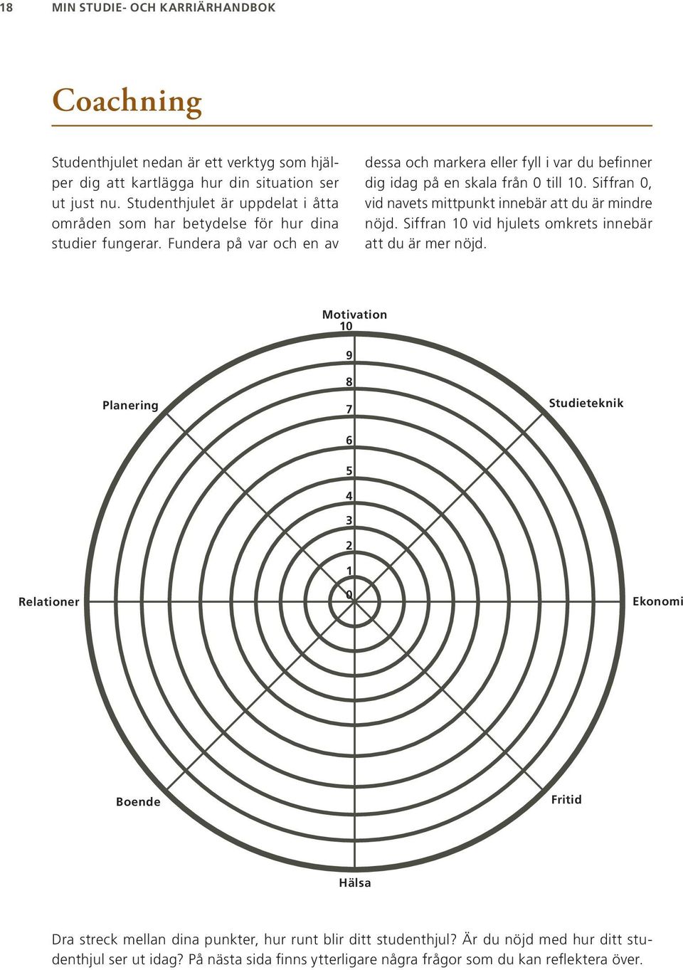 Fundera på var och en av dessa och markera eller fyll i var du befinner dig idag på en skala från 0 till 10. Siffran 0, vid navets mittpunkt innebär att du är mindre nöjd.