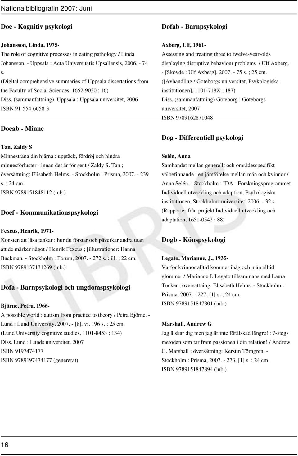 (sammanfattning) Uppsala : Uppsala universitet, 2006 ISBN 91-554-6658-3 Doeab - Minne Tan, Zaldy S Minnesträna din hjärna : upptäck, fördröj och hindra minnesförluster - innan det är för sent / Zaldy