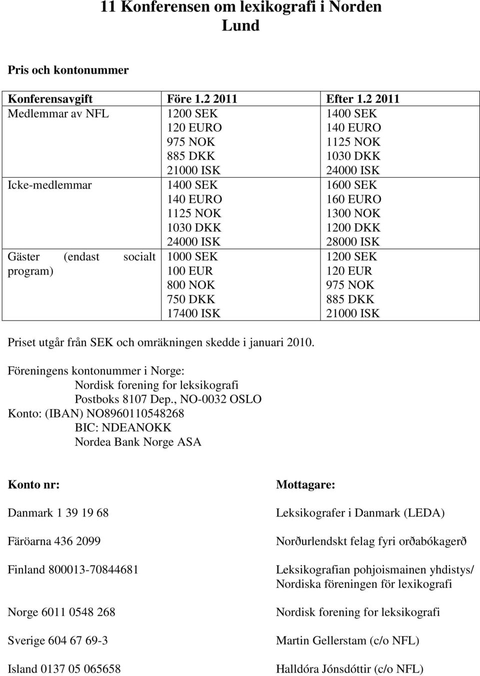 24000 ISK 1000 SEK 100 EUR 800 NOK 750 DKK 17400 ISK Priset utgår från SEK och omräkningen skedde i januari 2010. Föreningens kontonummer i Norge: Nordisk forening for leksikografi Postboks 8107 Dep.