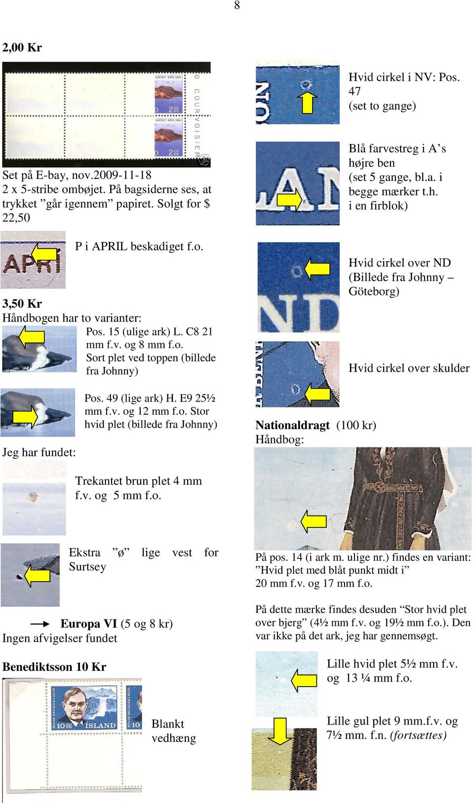 49 (lige ark) H. E9 25½ mm f.v. og 12 mm f.o. Stor hvid plet (billede fra Johnny) Nationaldragt (100 kr) Håndbog: Trekantet brun plet 4 mm f.v. og 5 mm f.o. Ekstra ø lige vest for Surtsey Europa VI (5 og 8 kr) Ingen afvigelser fundet Benediktsson 10 Kr På pos.