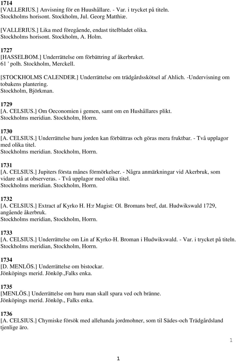 -Undervisning om tobakens plantering. Stockholm, Björkman. 729 [A. CELSIUS.] Om Oeconomien i gemen, samt om en Hushållares plikt. Stockholms meridian. Stockholm, Horrn. 730 [A. CELSIUS.] Underrättelse huru jorden kan förbättras och göras mera fruktbar.