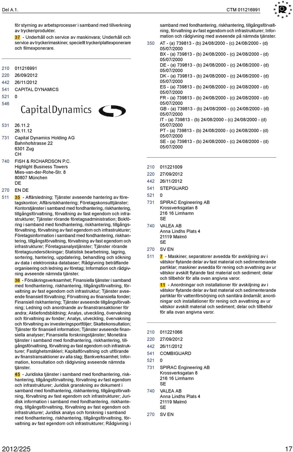 16991 26/9/212 CAPITAL DYNAMICS 26.11.2 26.11.12 Capital Dynamics Holding AG Bahnhofstrasse 22 631 Zug CH FISH & RICHARDSON P.C. Highlight Business Towers Mies-van-der-Rohe-Str.