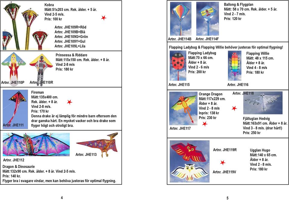 Pris: 120 kr Flapping Ladybug & Flapping Willie behöver justeras för optimal flygning! Flapping Ladybug Mått:70 x 66 cm. Ålder + 8 år. Vind 2-6 m/s Pris: 200 kr Flapping Willie Mått: 48 x 115 cm.