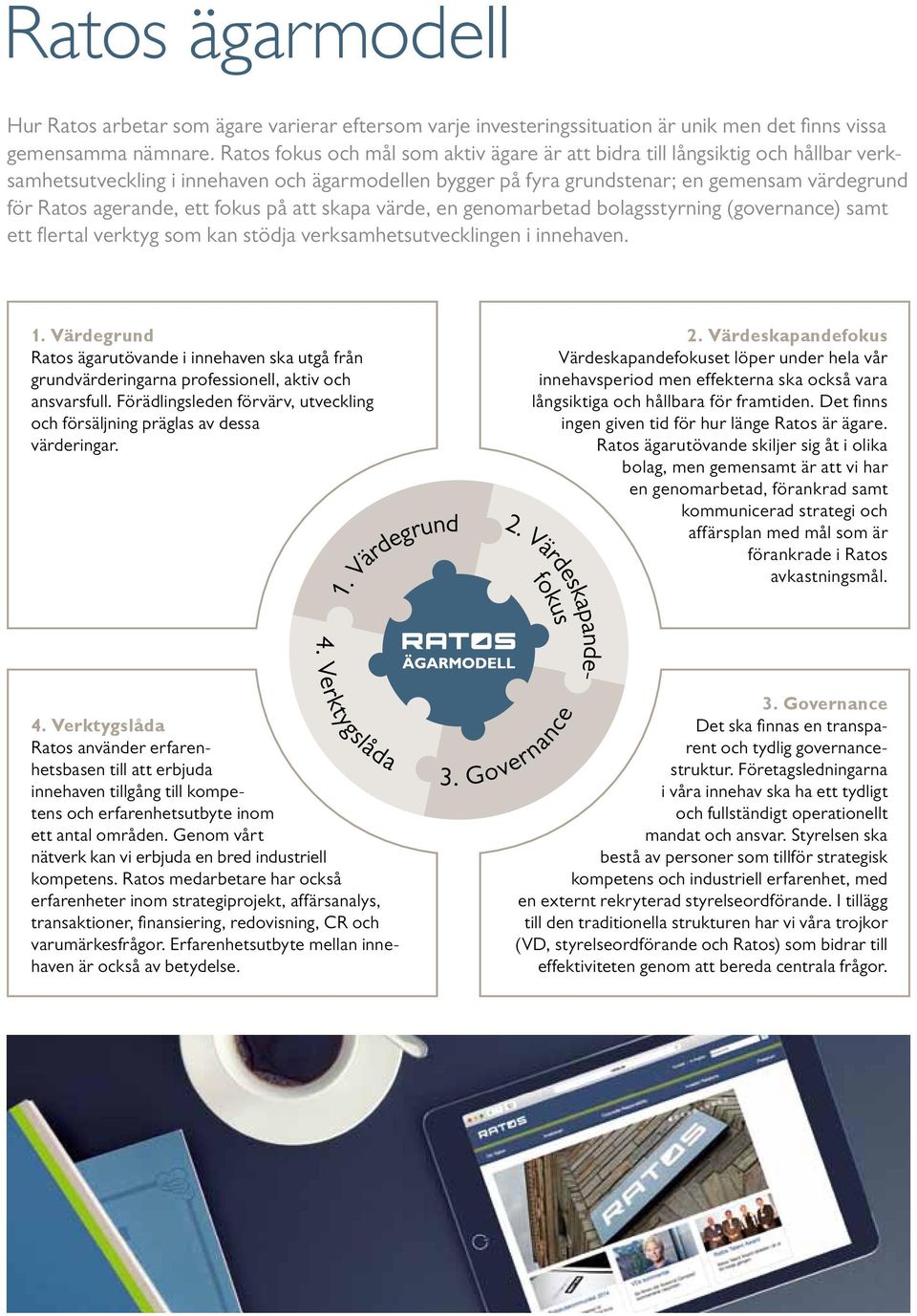 ett fokus på att skapa värde, en genomarbetad bolagsstyrning (governance) samt ett flertal verktyg som kan stödja verksamhetsutvecklingen i innehaven. 1. Värdegrund 1.