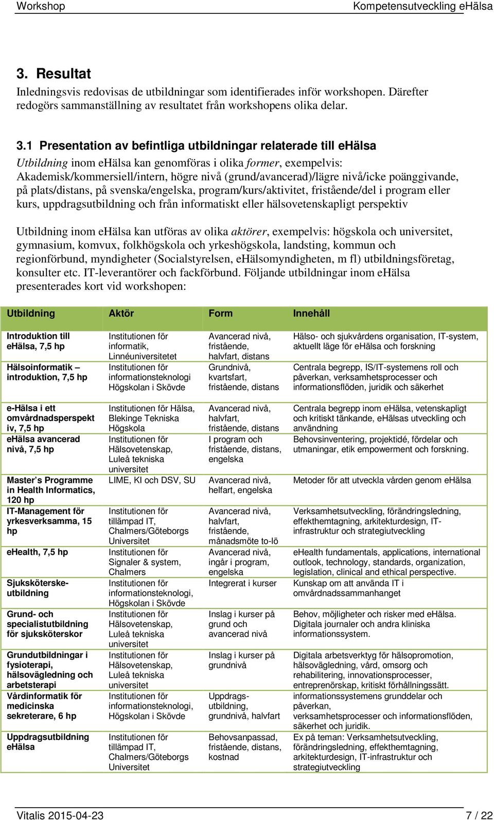 nivå/icke poänggivande, på plats/distans, på svenska/engelska, program/kurs/aktivitet, fristående/del i program eller kurs, uppdragsutbildning och från informatiskt eller hälsovetenskapligt