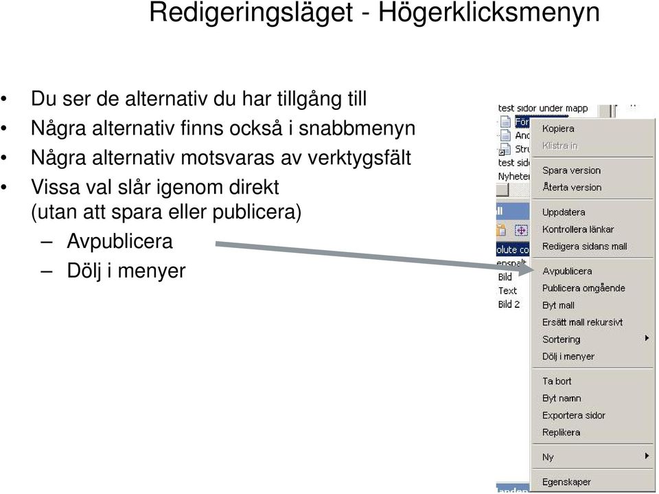 Några alternativ motsvaras av verktygsfält Vissa val slår