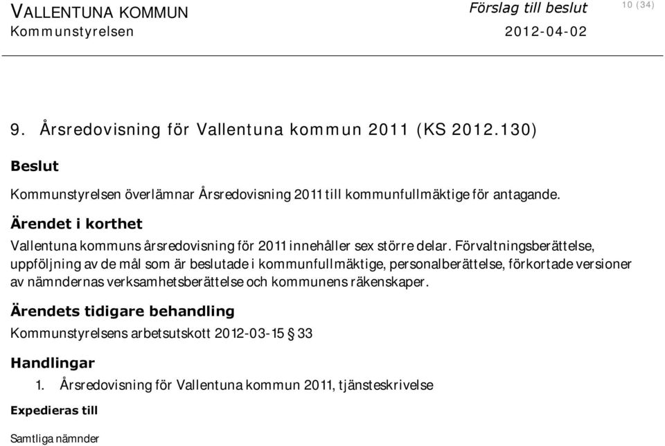 Ärendet i korthet Vallentuna kommuns årsredovisning för 2011 innehåller sex större delar.