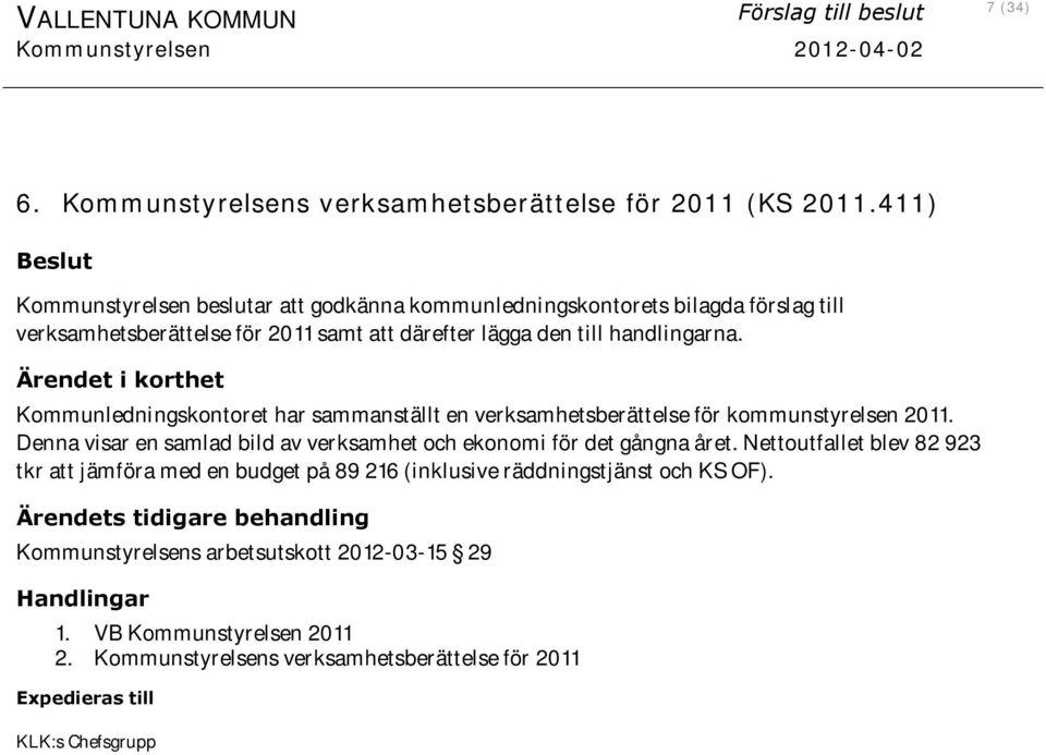 Ärendet i korthet Kommunledningskontoret har sammanställt en verksamhetsberättelse för kommunstyrelsen 2011. Denna visar en samlad bild av verksamhet och ekonomi för det gångna året.