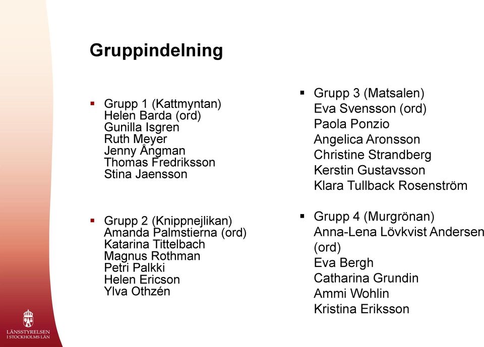 Ylva Othzén Grupp 3 (Matsalen) Eva Svensson (ord) Paola Ponzio Angelica Aronsson Christine Strandberg Kerstin Gustavsson