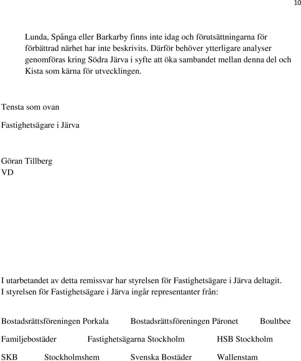 Tensta som ovan Fastighetsägare i Järva Göran Tillberg VD I utarbetandet av detta remissvar har styrelsen för Fastighetsägare i Järva deltagit.