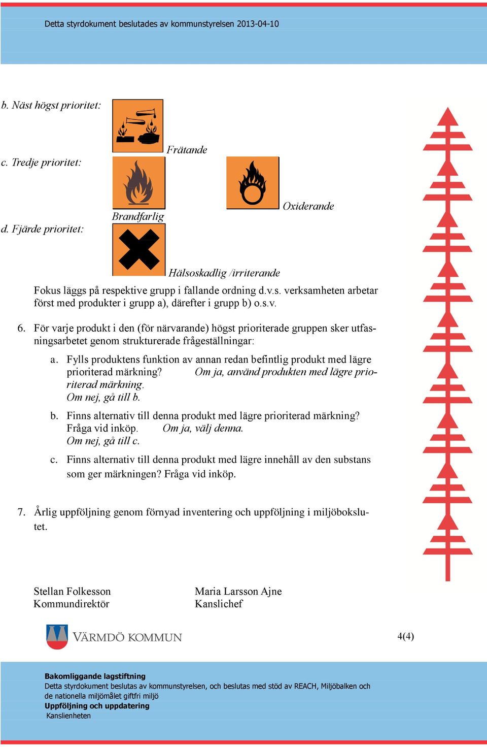 s.v. 6. För varje produkt i den (för närvarande) högst prioriterade gruppen sker utfasningsarbetet genom strukturerade frågeställningar: a.