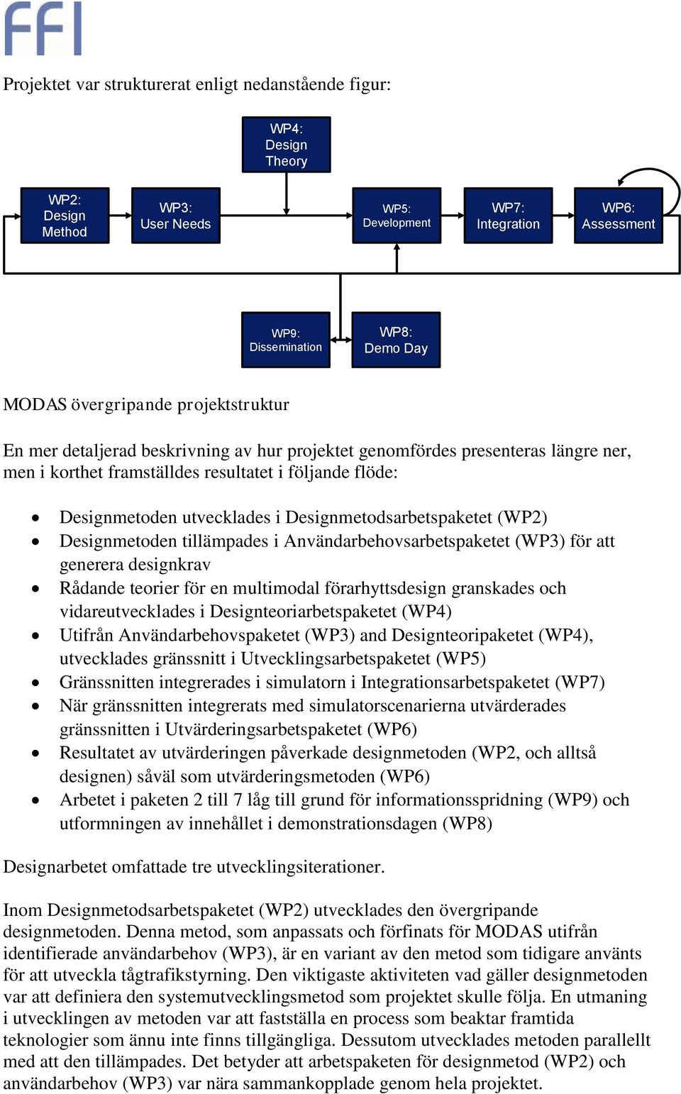 Designmetodsarbetspaketet (WP2) Designmetoden tillämpades i Användarbehovsarbetspaketet (WP3) för att generera designkrav Rådande teorier för en multimodal förarhyttsdesign granskades och