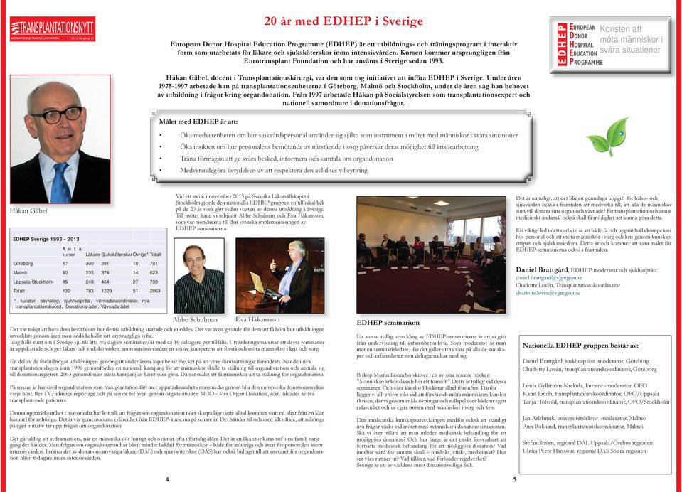 EDHEP EUROPEAN DONOR HOSPITAL EDUCATION PROGRAMME Konsten att möta människor i svåra situationer Håkan Gäbel, docent i Transplantationskirurgi, var den som tog initiativet att införa EDHEP i Sverige.