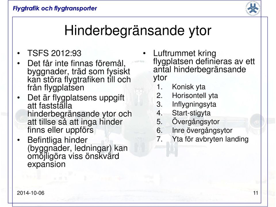 (byggnader, ledningar) kan omöjligöra viss önskvärd expansion Luftrummet kring flygplatsen definieras av ett antal hinderbegränsande ytor 1.