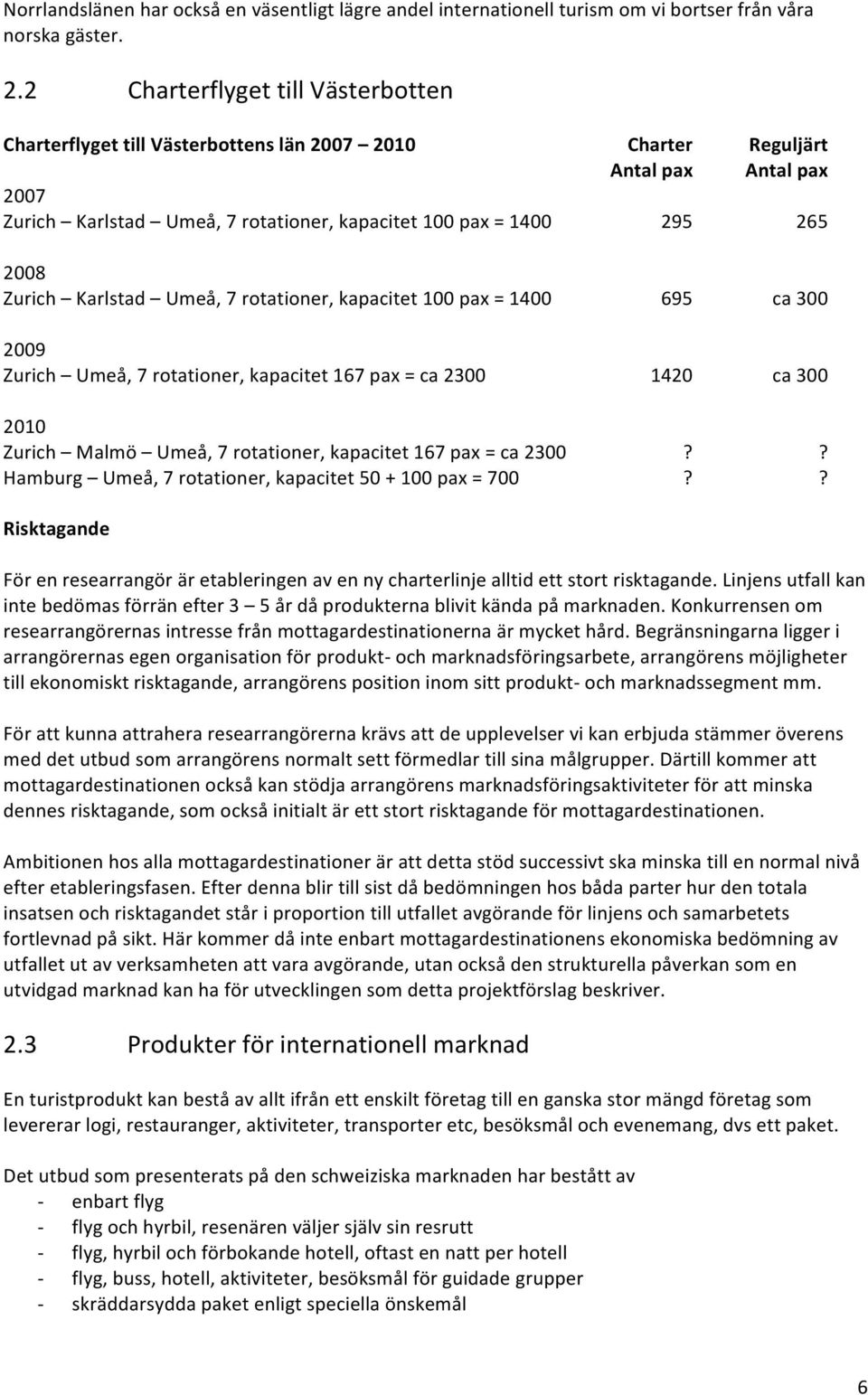 Zurich Karlstad Umeå, 7 rotationer, kapacitet 100 pax = 1400 695 ca 300 2009 Zurich Umeå, 7 rotationer, kapacitet 167 pax = ca 2300 1420 ca 300 2010 Zurich Malmö Umeå, 7 rotationer, kapacitet 167 pax