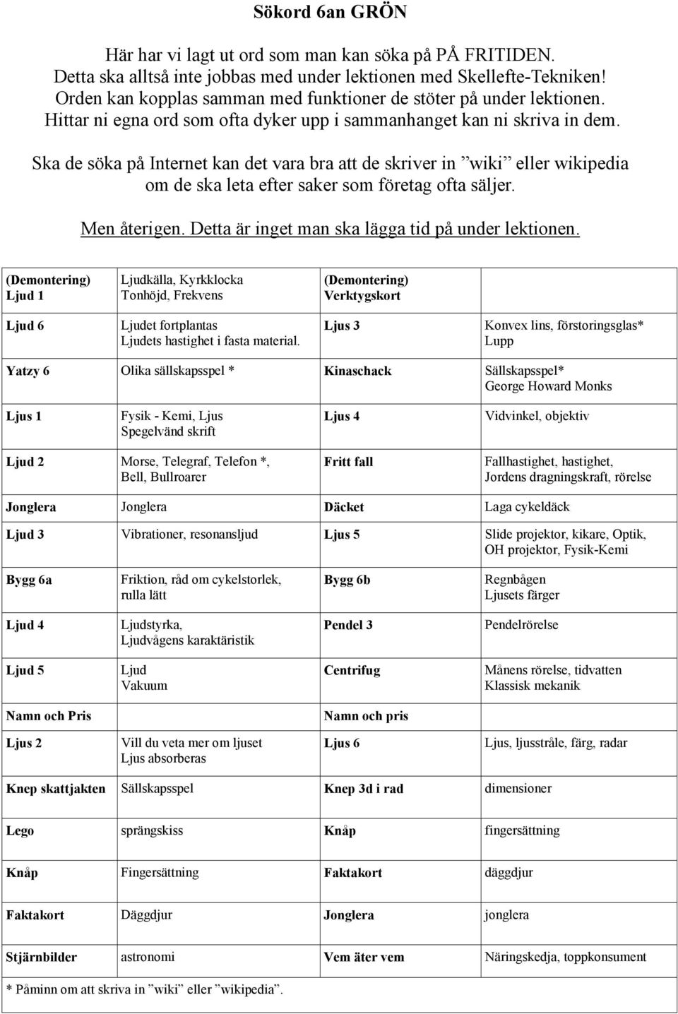 Morse, Telegraf, Telefon *, Bell, Bullroarer Fritt fall Fallhastighet, hastighet, Jordens dragningskraft, rörelse Jonglera Jonglera Däcket Laga cykeldäck Ljud 3 Vibrationer, resonansljud Ljus 5 Slide