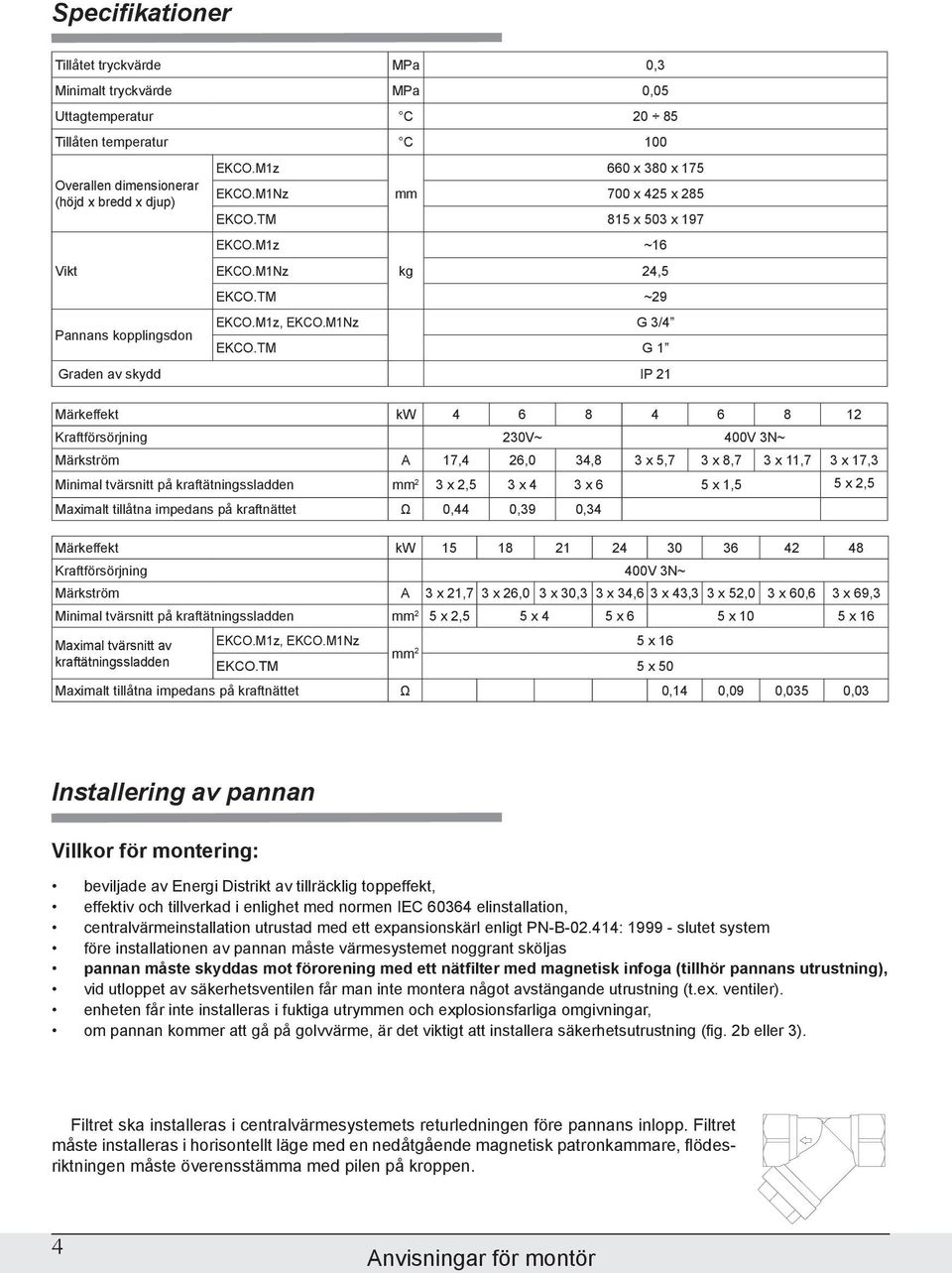 TM G 1 Graden av skydd IP 21 Märkeffekt kw 4 6 8 4 6 8 12 Kraftförsörjning 230V~ 400V 3N~ Märkström A 17,4 26,0 34,8 3 x 5,7 3 x 8,7 3 x 11,7 3 x 17,3 Minimal tvärsnitt på kraftätningssladden mm 2 3