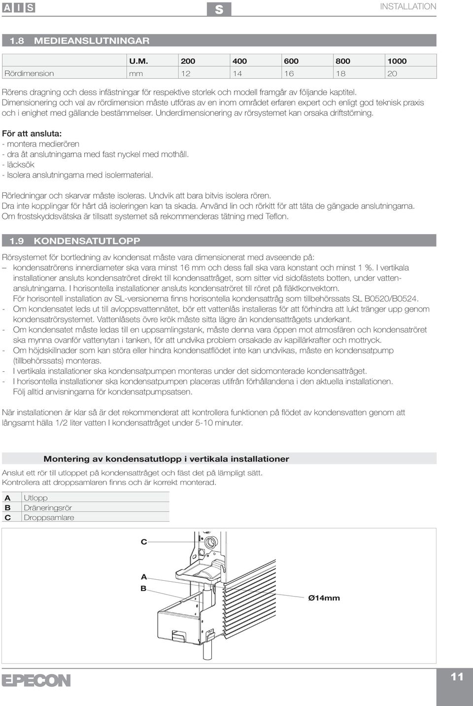 Underdimensionering av rörsystemet kan orsaka driftstörning. För att ansluta: - montera medierören - dra åt anslutningarna med fast nyckel med mothåll.