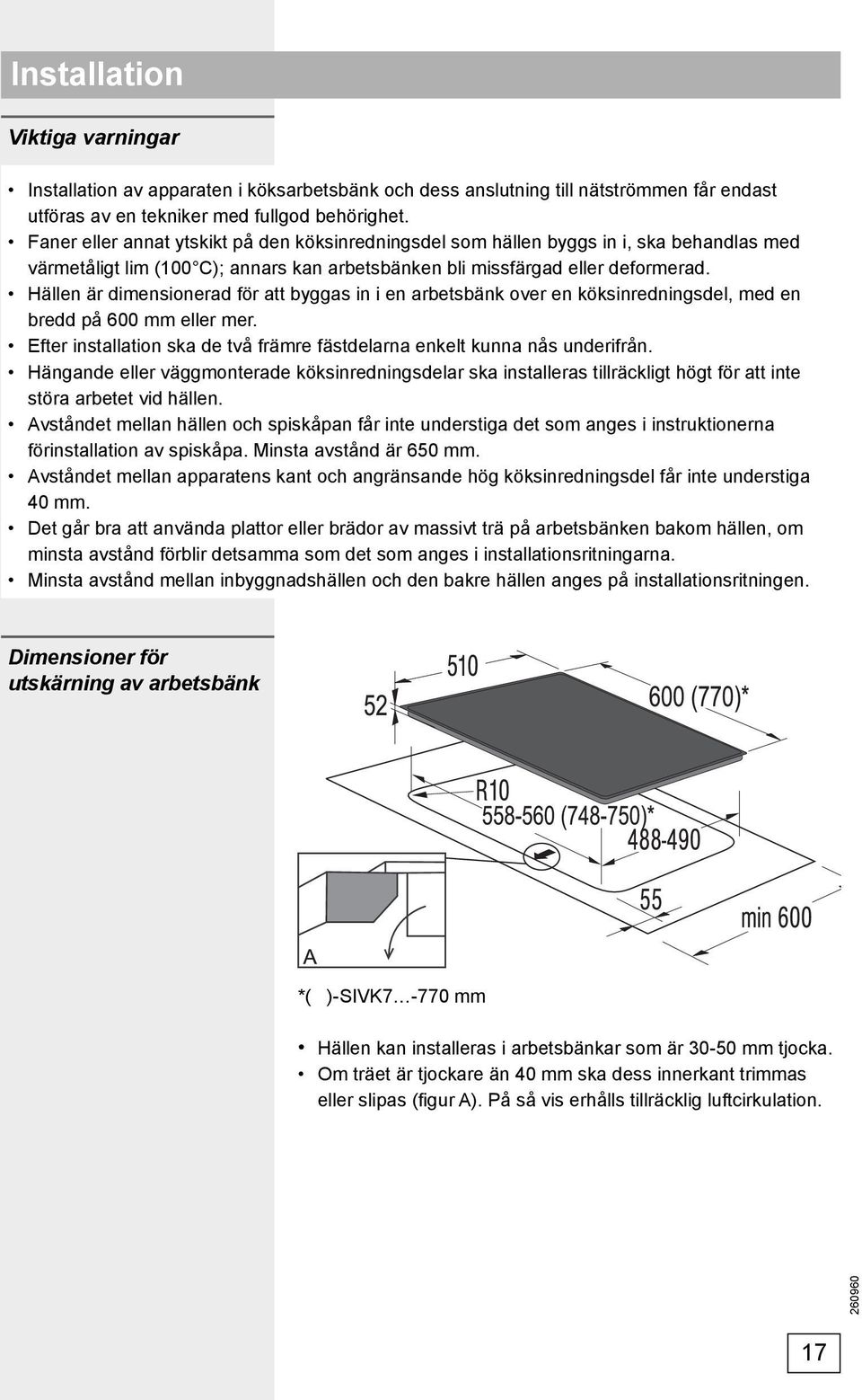 Hällen är dimensionerad för att byggas in i en arbetsbänk over en köksinredningsdel, med en bredd på 600 mm eller mer. Efter installation ska de två främre fästdelarna enkelt kunna nås underifrån.