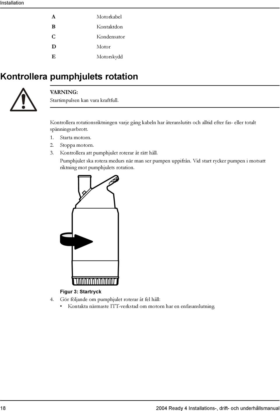 Kontrollera att pumphjulet roterar åt rätt håll. Pumphjulet ska rotera medurs när man ser pumpen uppifrån.