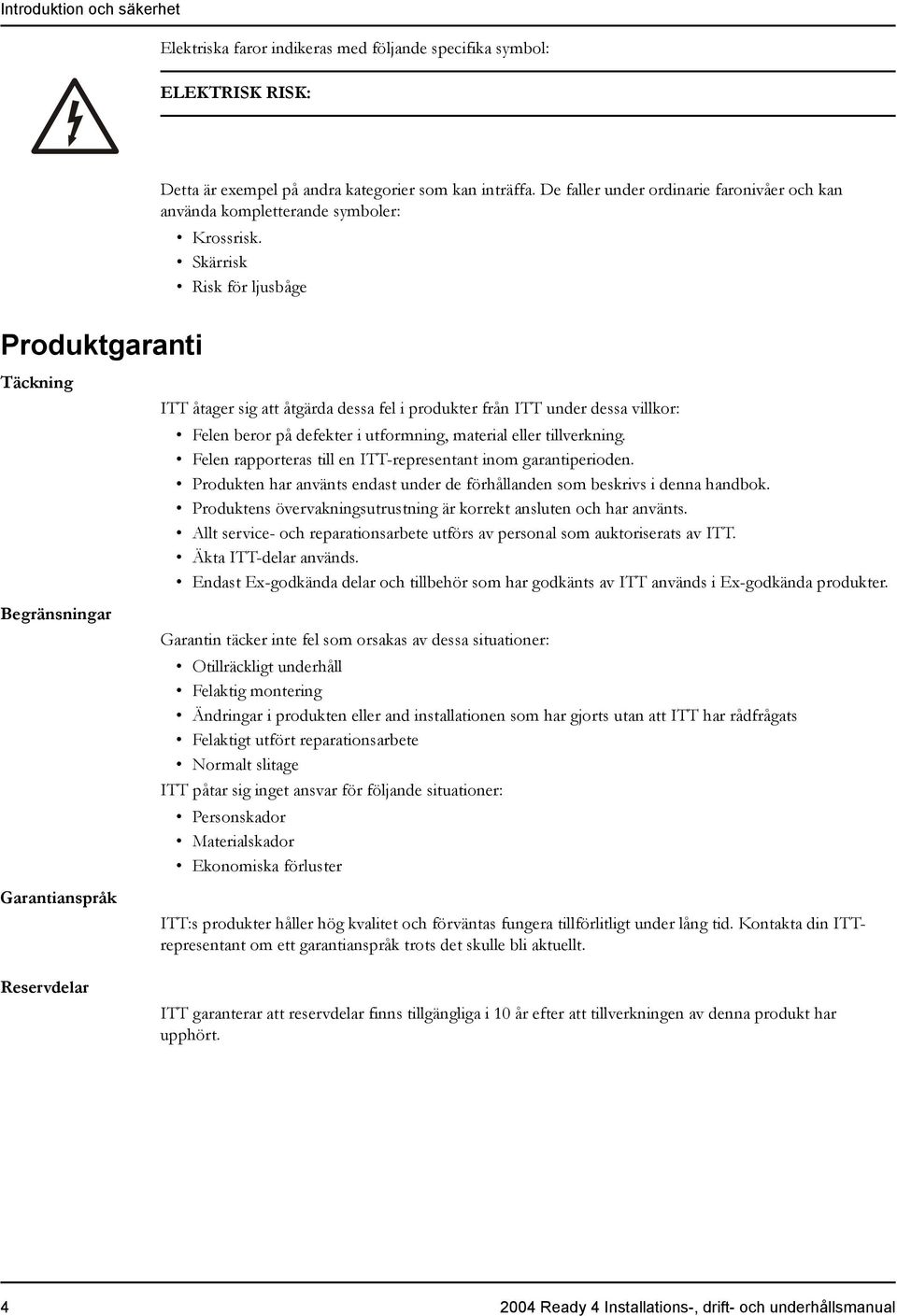 Skärrisk Risk för ljusbåge Produktgaranti Täckning Begränsningar Garantianspråk Reservdelar ITT åtager sig att åtgärda dessa fel i produkter från ITT under dessa villkor: Felen beror på defekter i