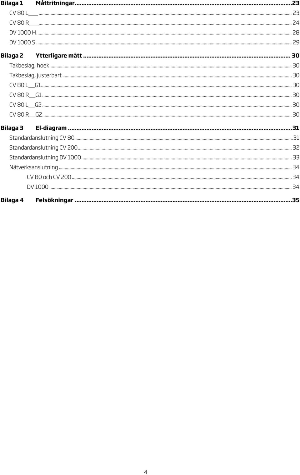 .. 0 CV 80 L G... 0 CV 80 R G... 0 Bilaga El-diagram... Standardanslutning CV 80.