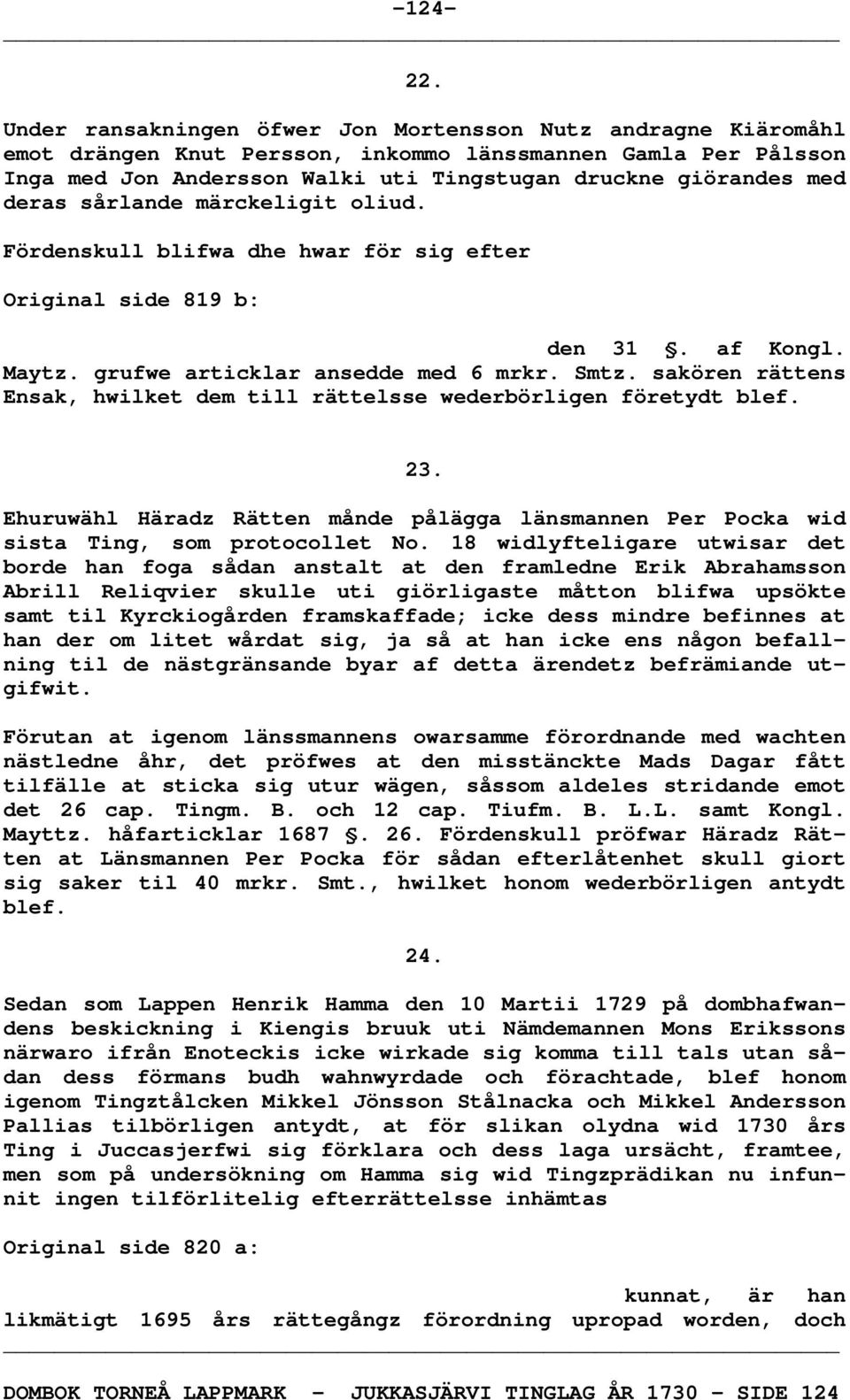 deras sårlande märckeligit oliud. Fördenskull blifwa dhe hwar för sig efter Original side 819 b: den 31. af Kongl. Maytz. grufwe articklar ansedde med 6 mrkr. Smtz.