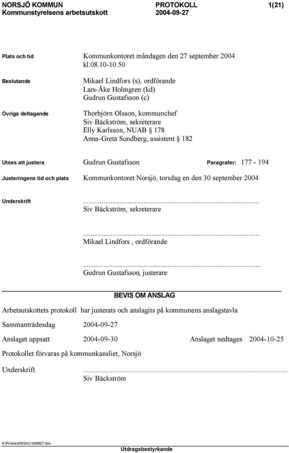 Sundberg, assistent 182 Utses att justera Gudrun Gustafsson Paragrafer: 177-194 Justeringens tid och plats Kommunkontoret Norsjö, torsdag en den 30 september 2004 Underskrift.