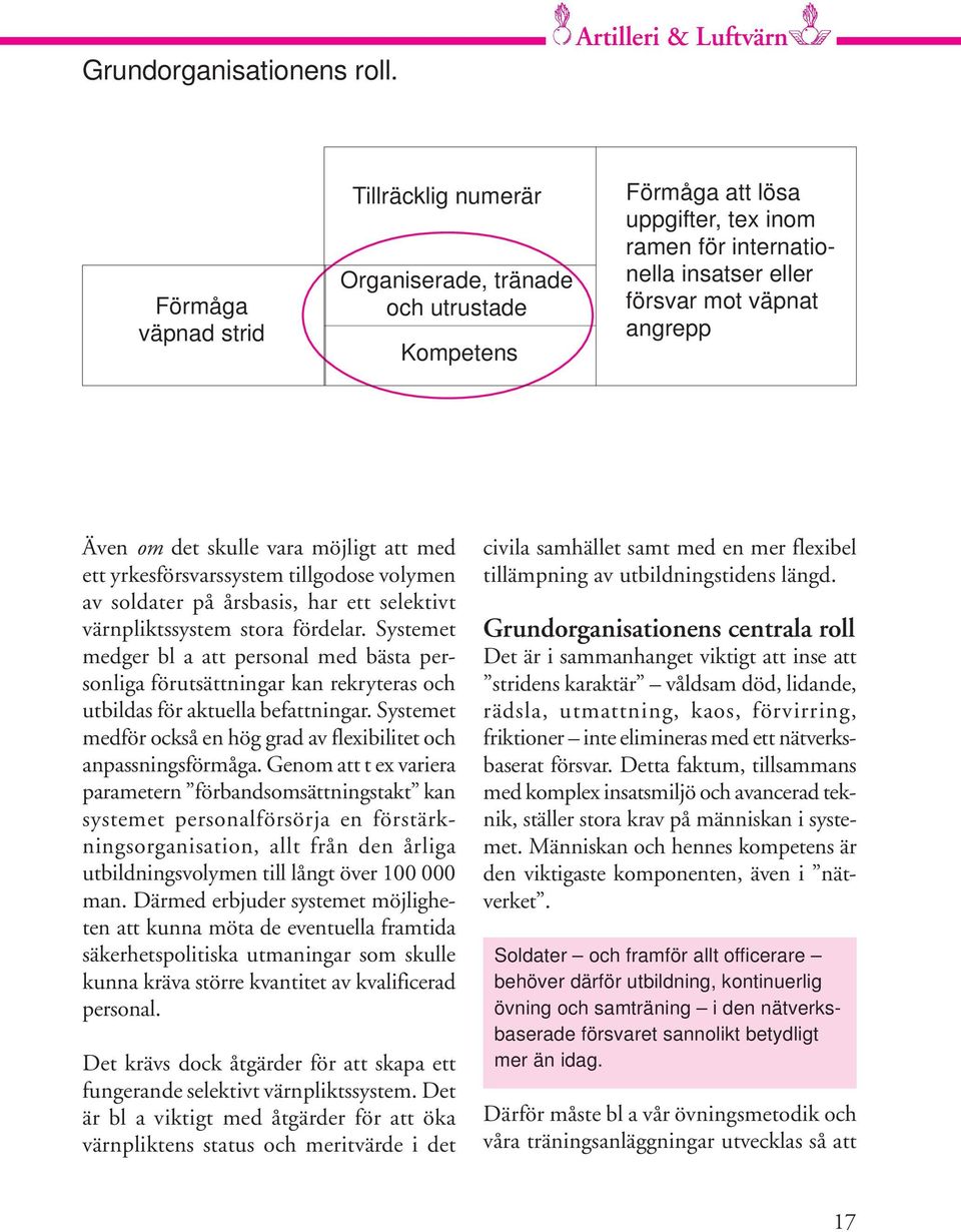 väpnat angrepp Även om det skulle vara möjligt att med ett yrkesförsvarssystem tillgodose volymen av soldater på årsbasis, har ett selektivt värnpliktssystem stora fördelar.