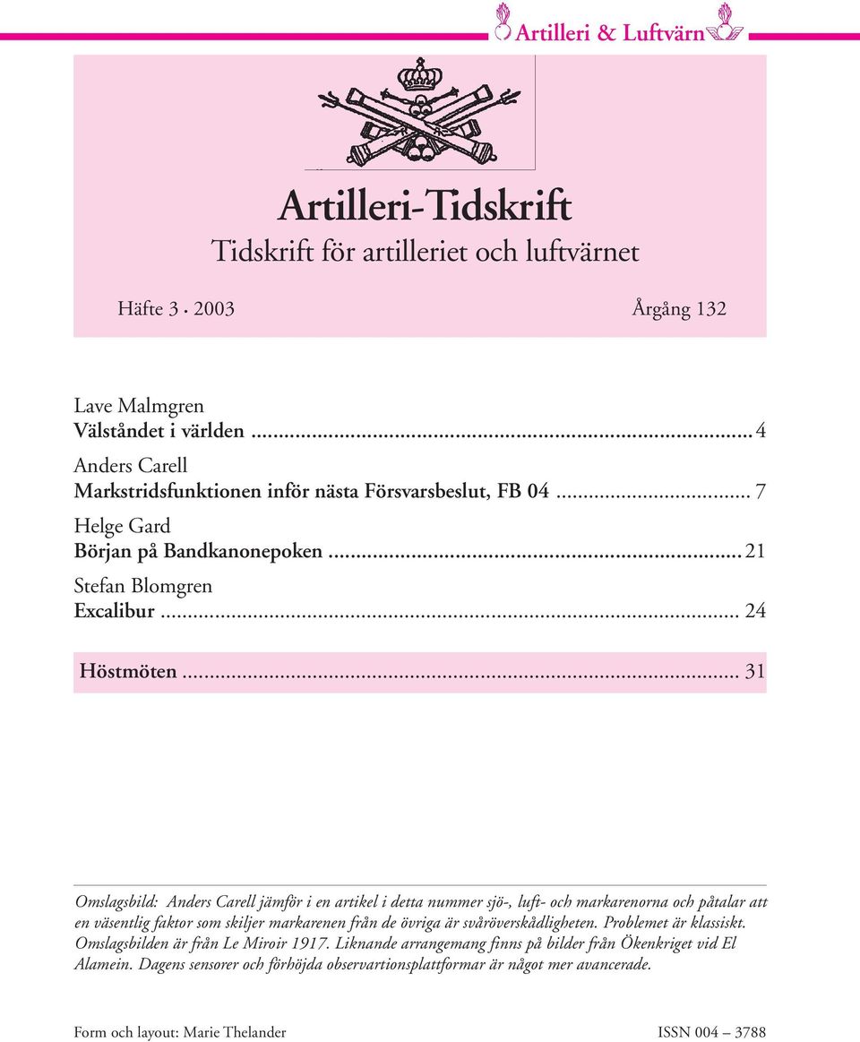 .. 31 Omslagsbild: Anders Carell jämför i en artikel i detta nummer sjö-, luft- och markarenorna och påtalar att en väsentlig faktor som skiljer markarenen från de övriga är