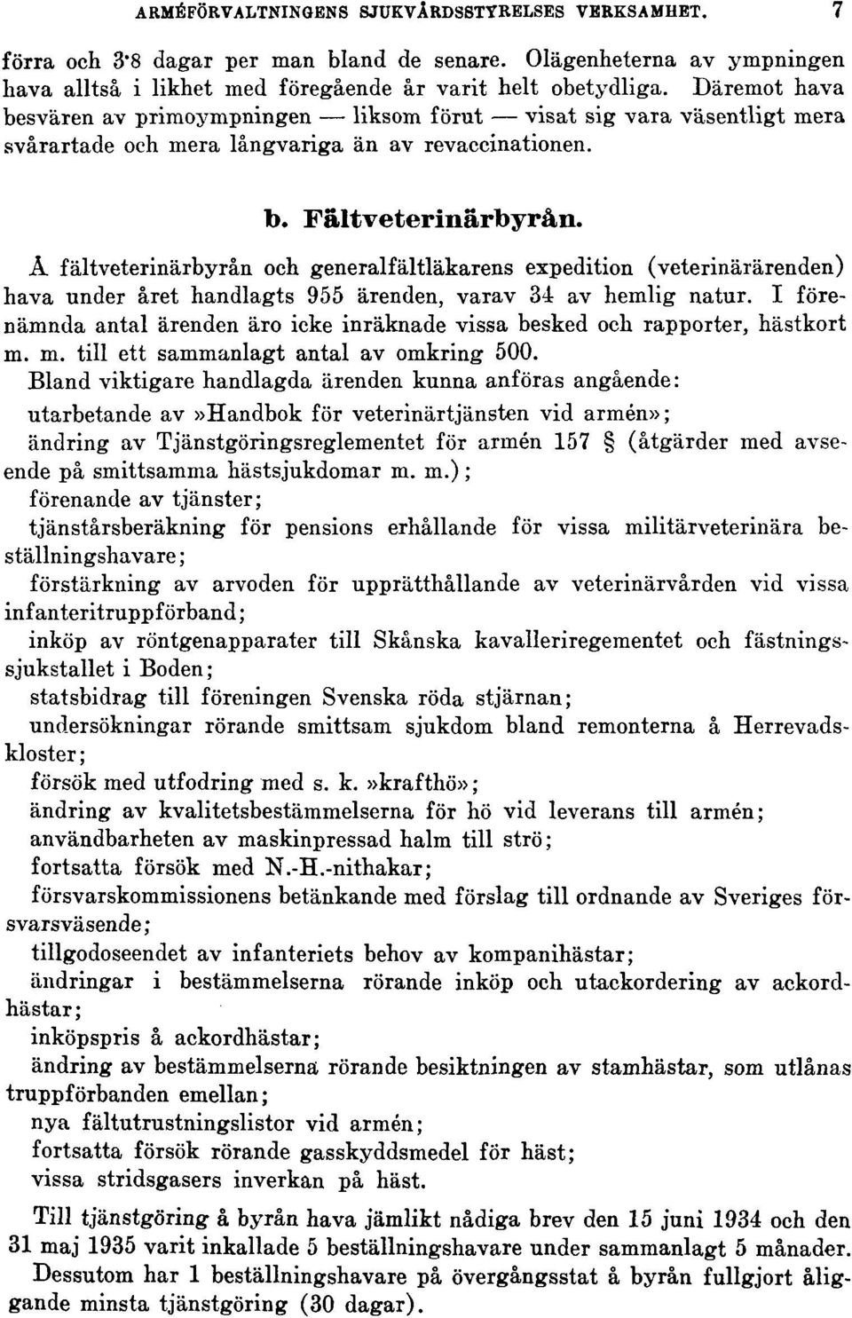 Å fältveterinärbyrån och generalfältläkarens expedition (veterinärärenden) hava under året handlagts 955 ärenden, varav 34 av hemlig natur.