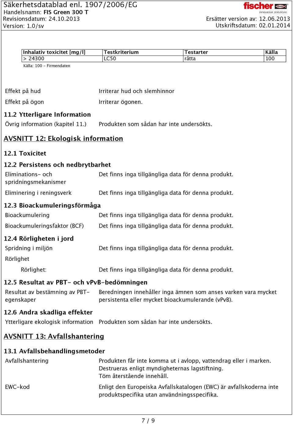 2 Persistens och nedbrytbarhet Eliminations- och spridningsmekanismer Eliminering i reningsverk 12.3 Bioackumuleringsförmåga Bioackumulering Bioackumuleringsfaktor (BCF) 12.