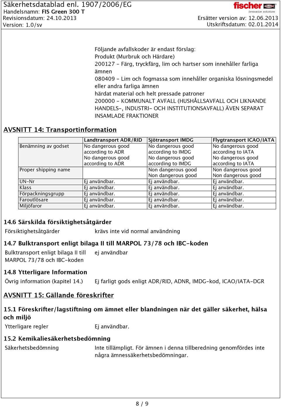 INSTITUTIONSAVFALL) ÄVEN SEPARAT INSAMLADE FRAKTIONER Landtransport ADR/RID Sjötransport IMDG Flygtransport ICAO/IATA Benämning av godset according to ADR according to ADR according to IMDG according