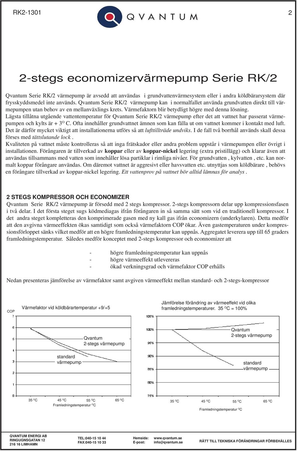 Lägsta tillåtna utgående vattentemperatur för Qvantum Serie RK/ värmepump efter det att vattnet har passerat värmepumpen och kylts är + O C.