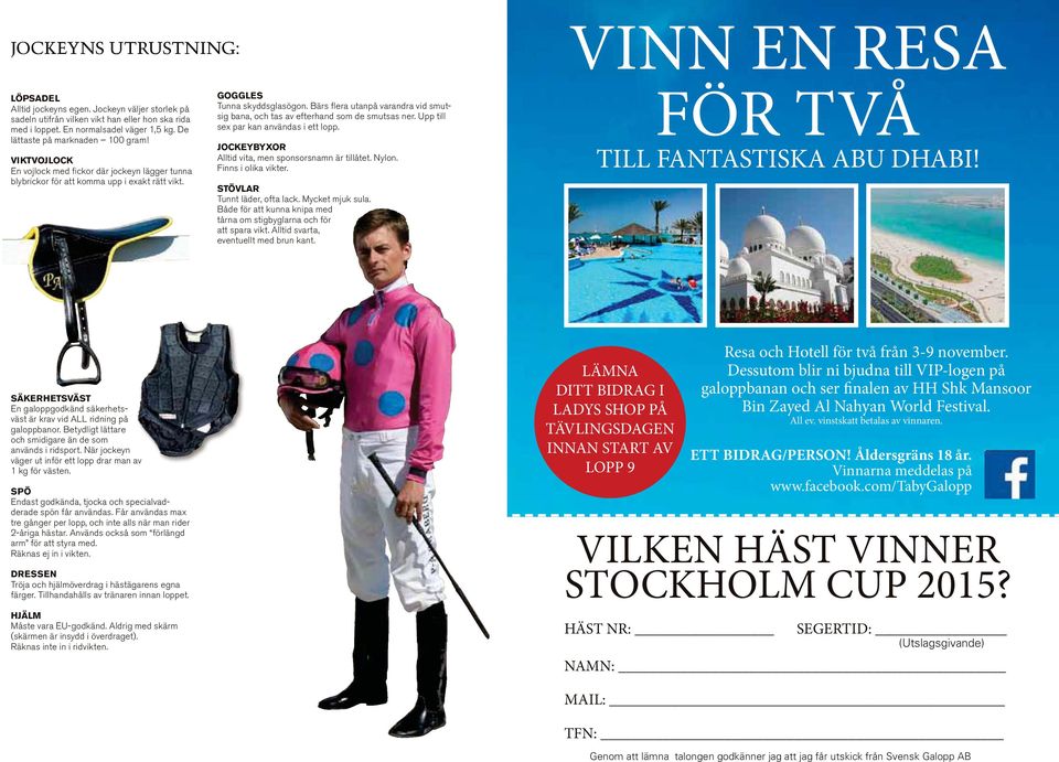 Bärs flera utanpå varandra vid smutsig bana, och tas av efterhand som de smutsas ner. Upp till sex par kan användas i ett lopp. JOCKEYBYXOR Alltid vita, men sponsorsnamn är tillåtet. Nylon.