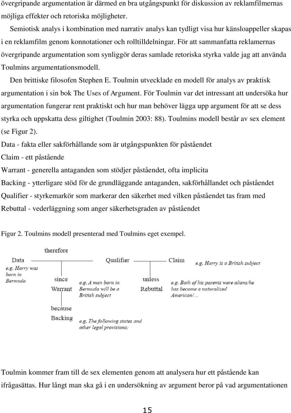 För att sammanfatta reklamernas övergripande argumentation som synliggör deras samlade retoriska styrka valde jag att använda Toulmins argumentationsmodell. Den brittiske filosofen Stephen E.