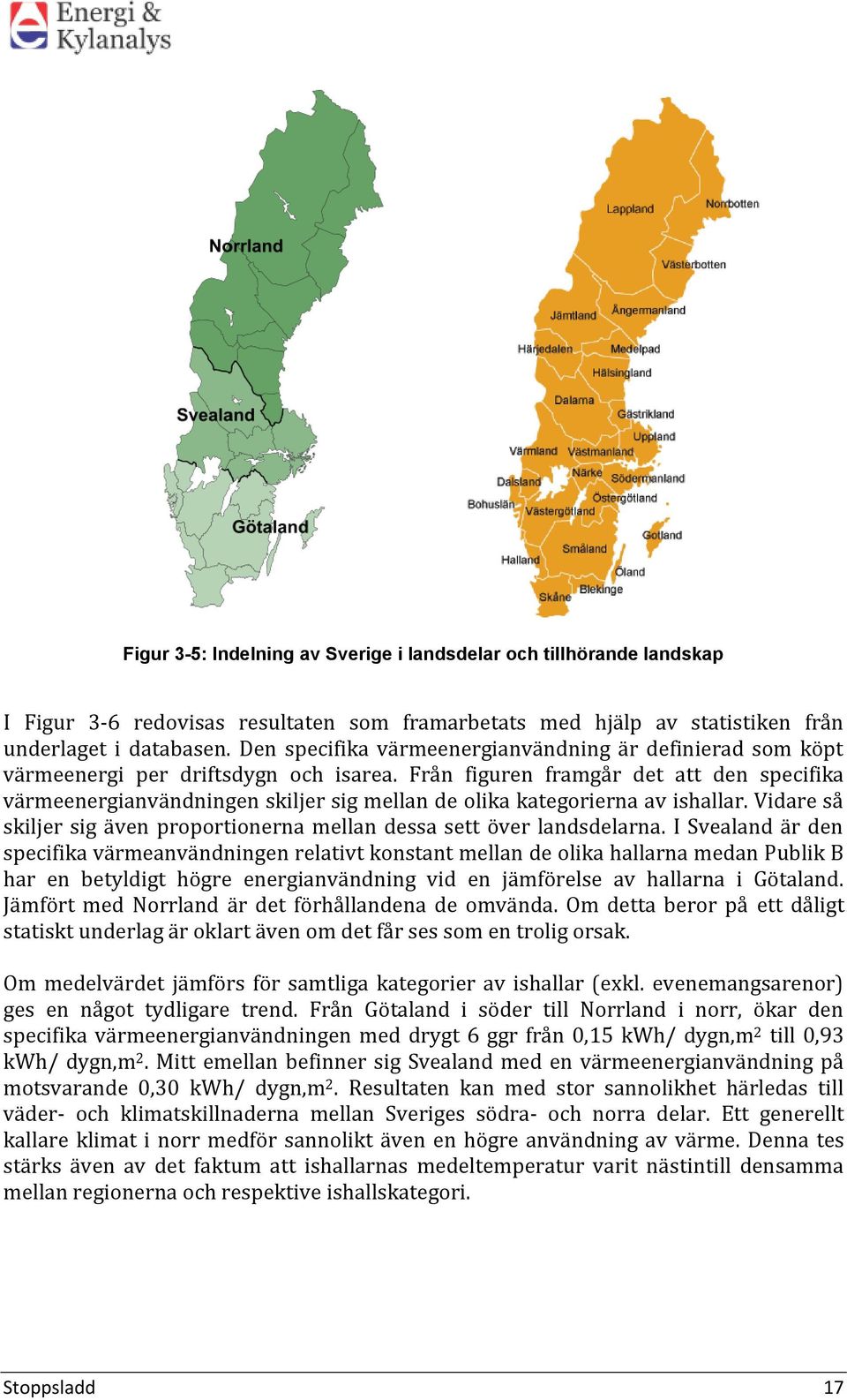 Från figuren framgår det att den specifika värmeenergianvändningen skiljer sig mellan de olika kategorierna av ishallar. Vidare så skiljer sig även proportionerna mellan dessa sett över landsdelarna.