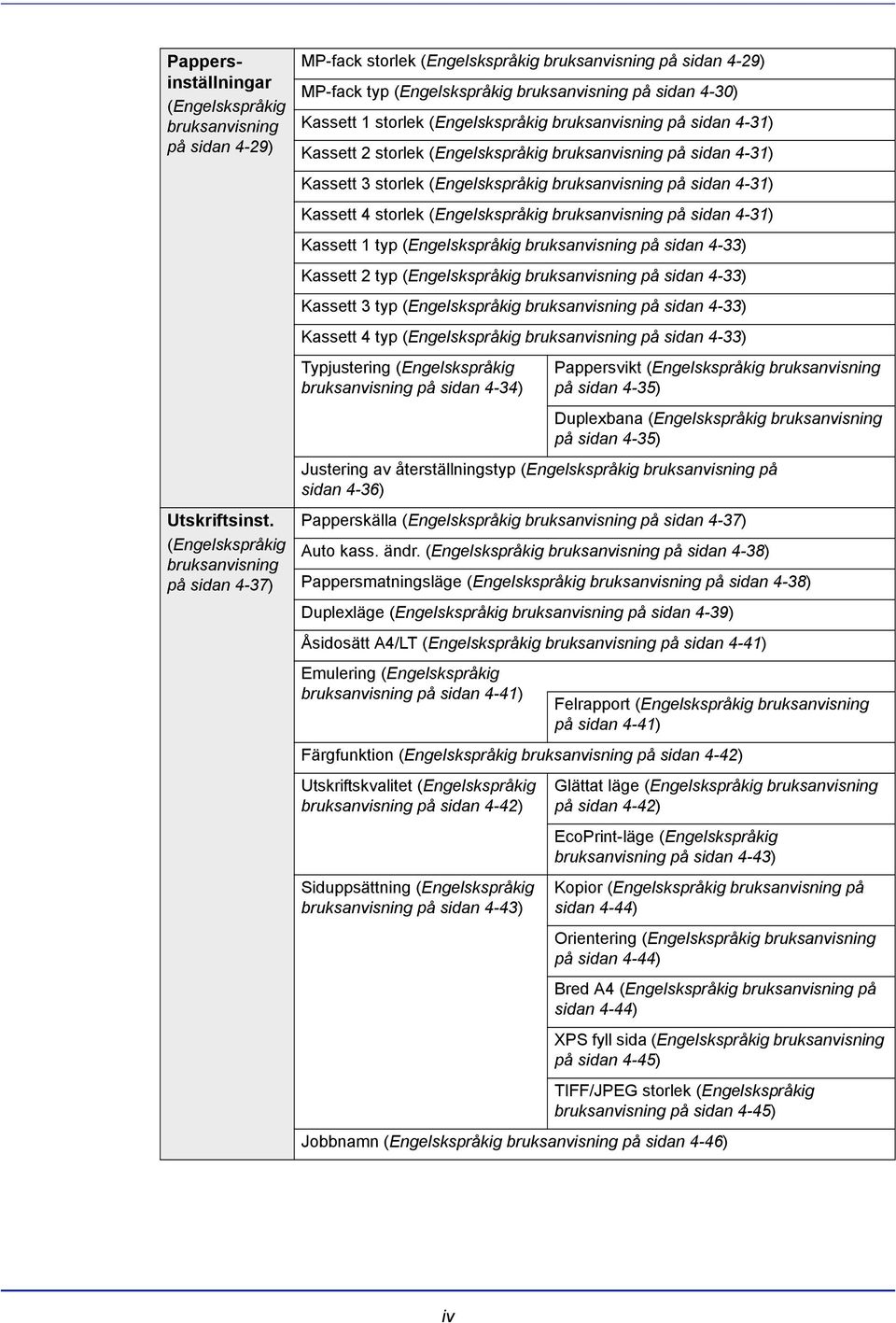 bruksanvisning på sidan 4-31) Kassett 2 storlek (Engelskspråkig bruksanvisning på sidan 4-31) Kassett 3 storlek (Engelskspråkig bruksanvisning på sidan 4-31) Kassett 4 storlek (Engelskspråkig