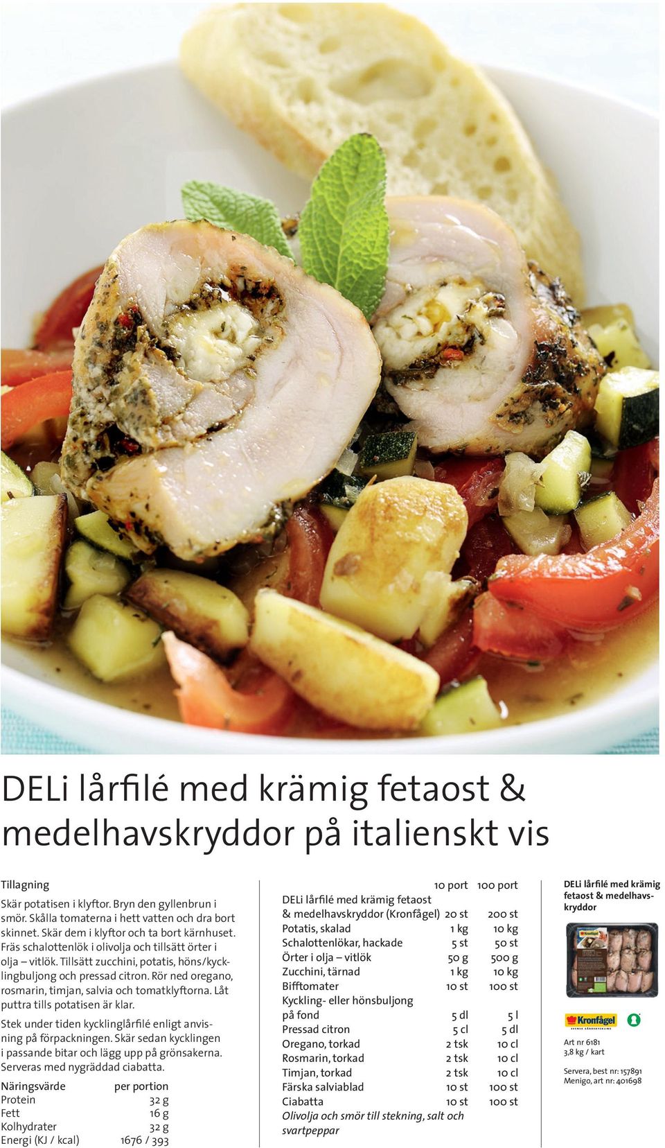 Rör ned oregano, rosmarin, timjan, salvia och tomatklyftorna. Låt puttra tills potatisen är klar. Stek under tiden kycklinglårfilé enligt anvisning på förpackningen.