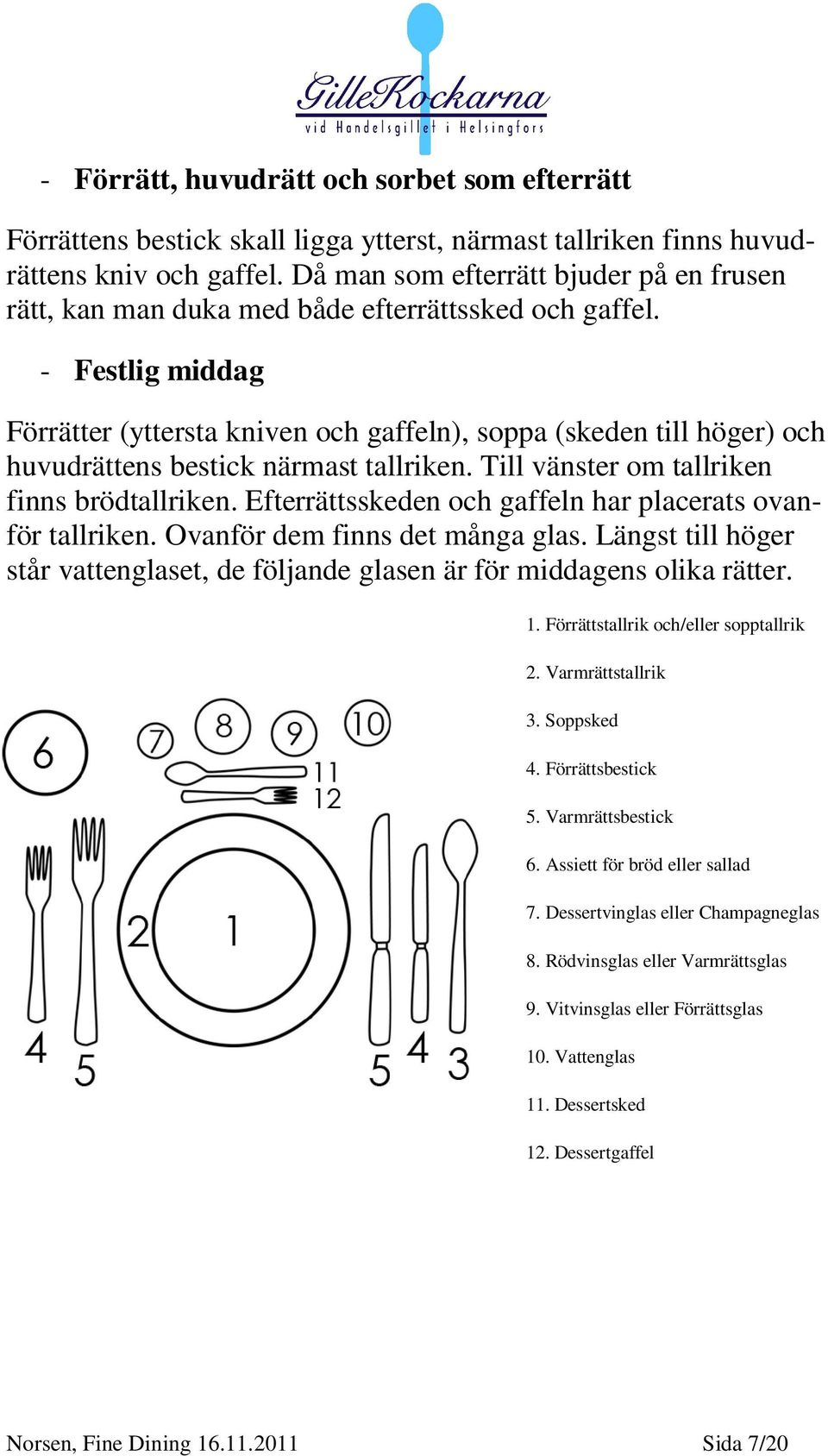 - Festlig middag Förrätter (yttersta kniven och gaffeln), soppa (skeden till höger) och huvudrättens bestick närmast tallriken. Till vänster om tallriken finns brödtallriken.